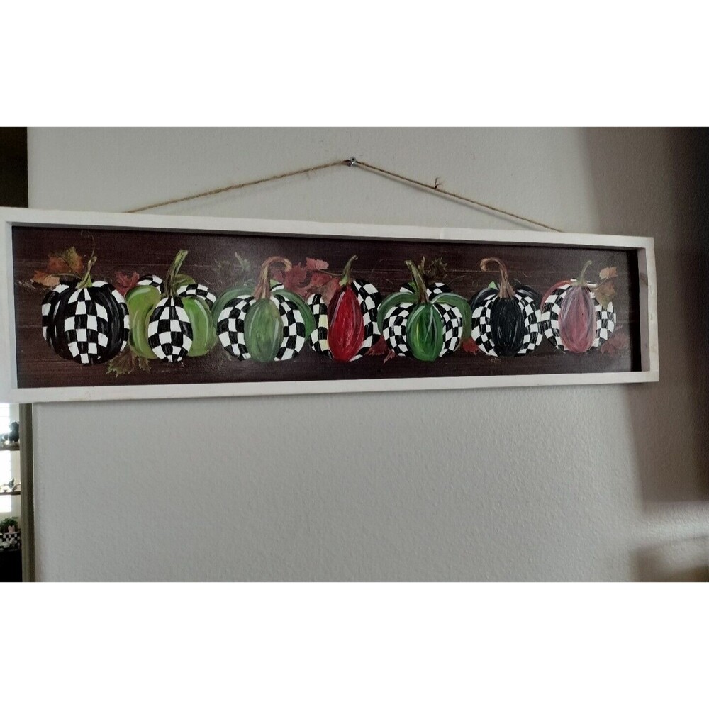 Black & White Checks Wall Painting 32 X 8" Pumpkins Thanksgiving Hand Painted
